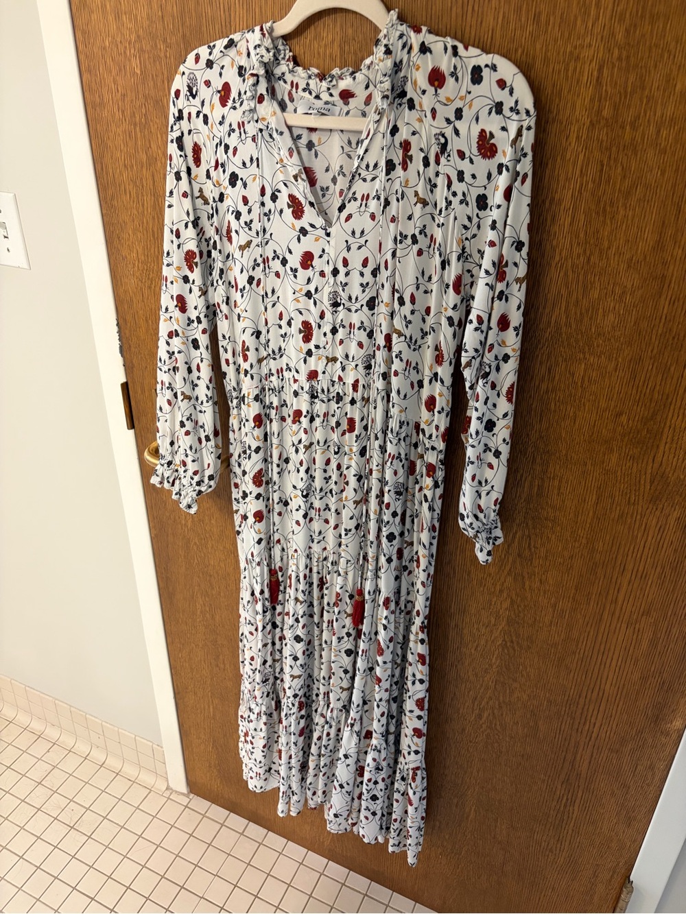 Roma White Floral Long Sleeve Maxi Dress with Red & Navy Accents